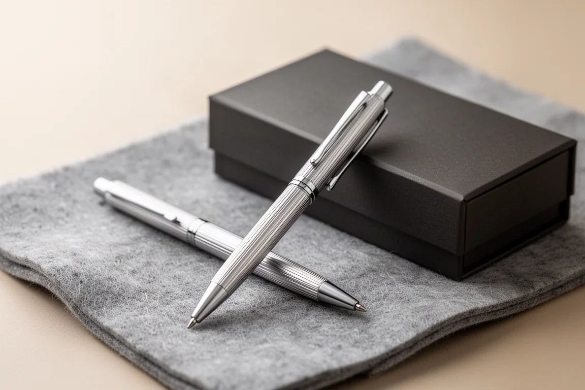 Slanke zilveren multi-pen liggend op een zachte grijze stof naast de presentatiedoos