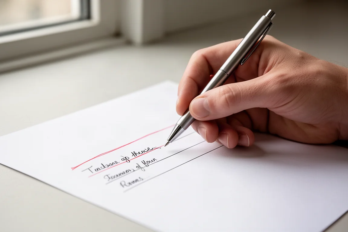Close-up van een hand dat soepel schrijft met een zilveren pen op wit papier