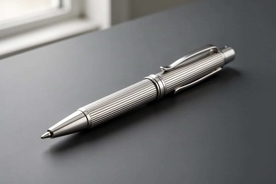 Sterling silver multi-pen with vertical groove engraving on a dark grey surface