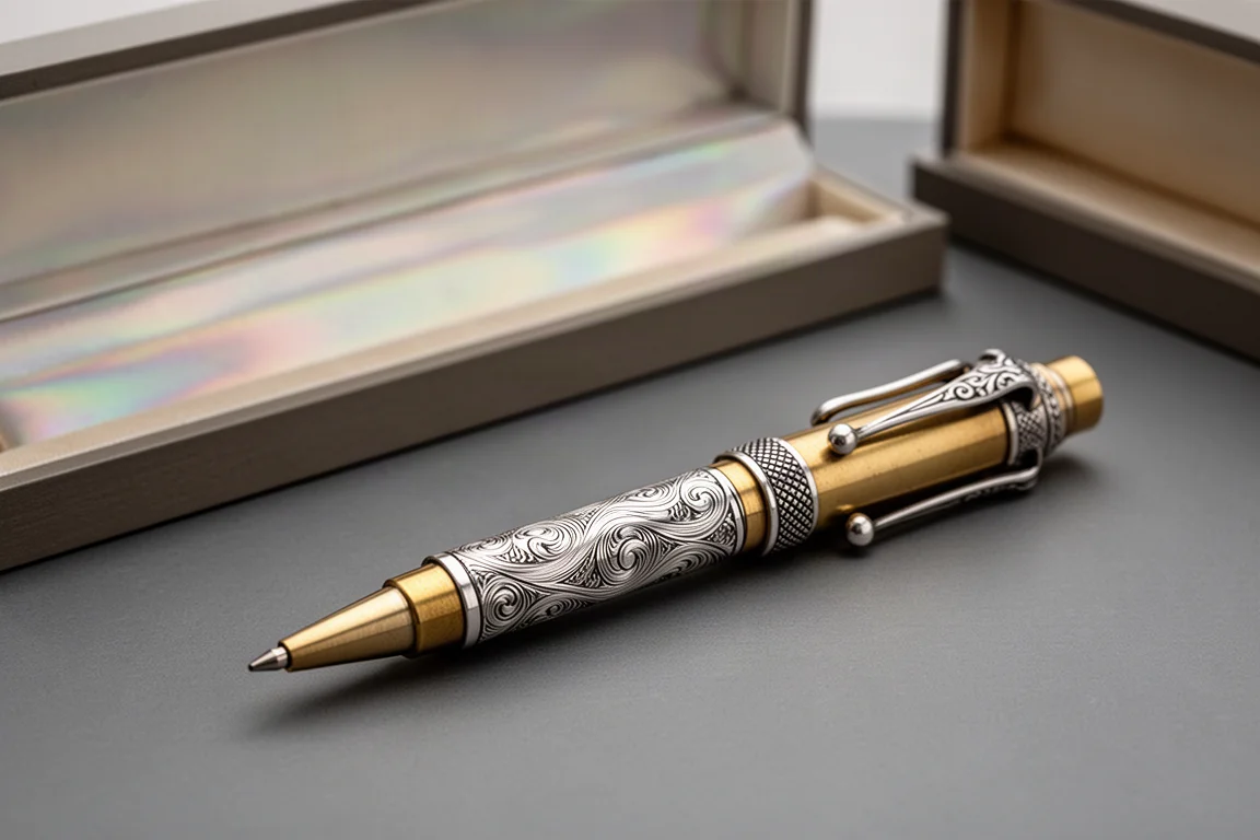 Kurzer vintage Druckbleistift mit versilberter Oberfläche neben einer schillernden Präsentationsbox