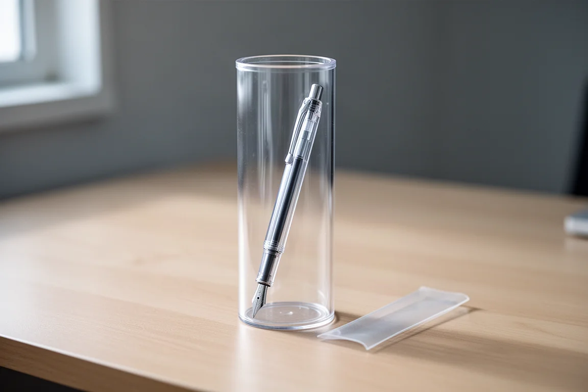 Fountain pen in a clear plastic test tube on a bright desk