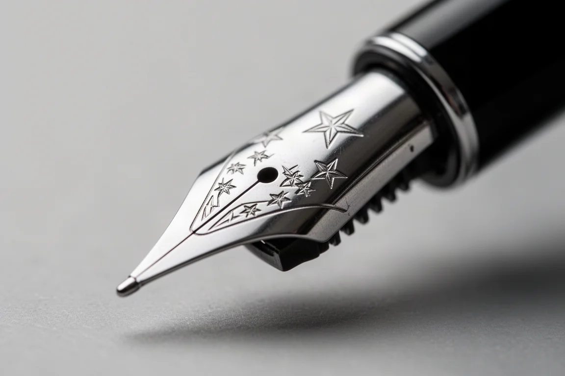 Close-up of a fountain pen nib with star motifs