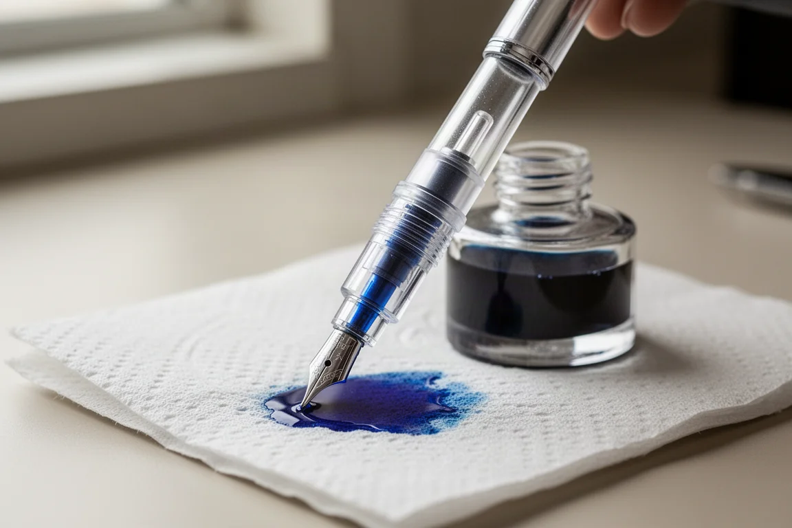 Slider-type fountain pen converter being filled with blue ink