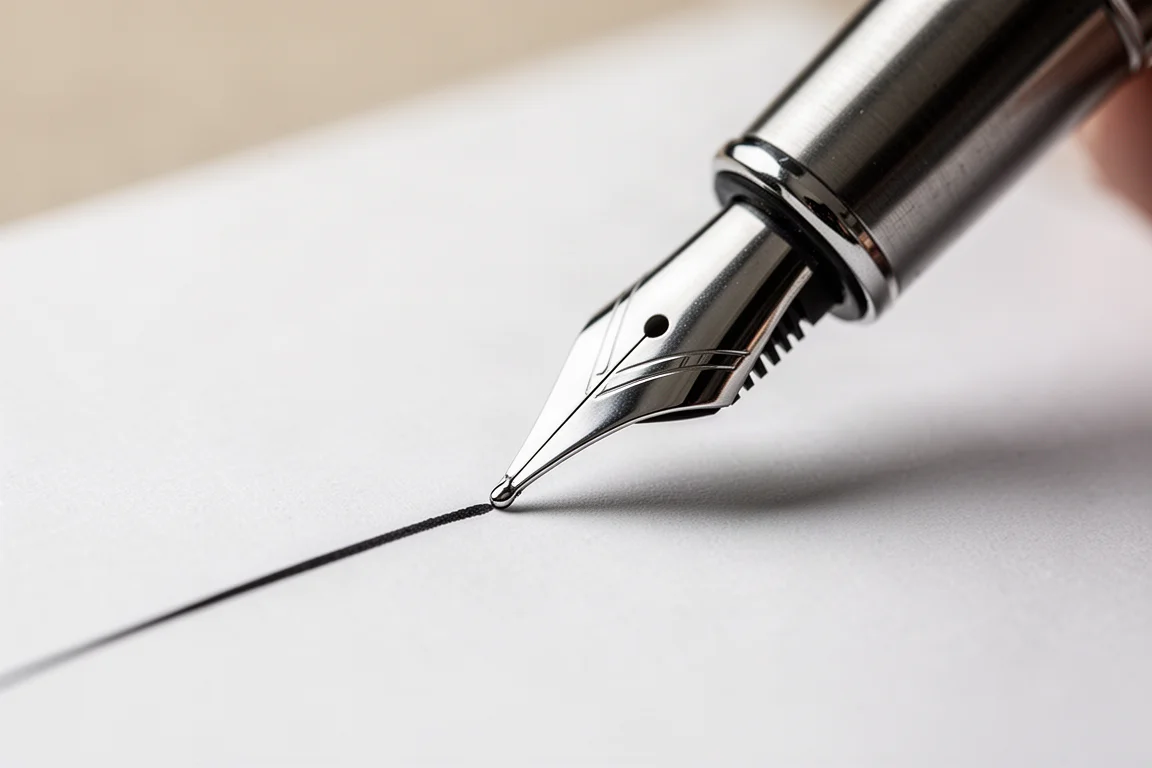 Fine fountain pen nib writing a smooth thin line on white paper