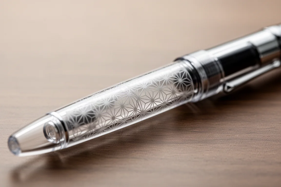 Close-up of a smooth printed patterned pen barrel under soft light