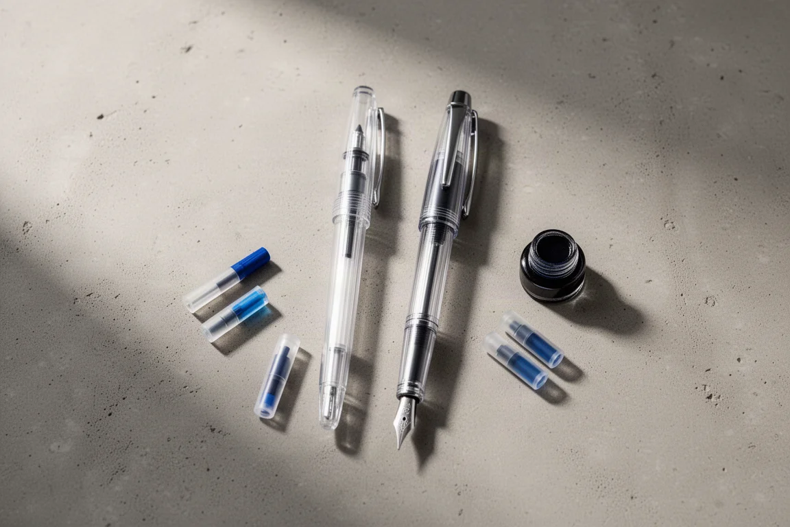Desk flat lay with two slim fountain pens and ink cartridges on a neutral surface