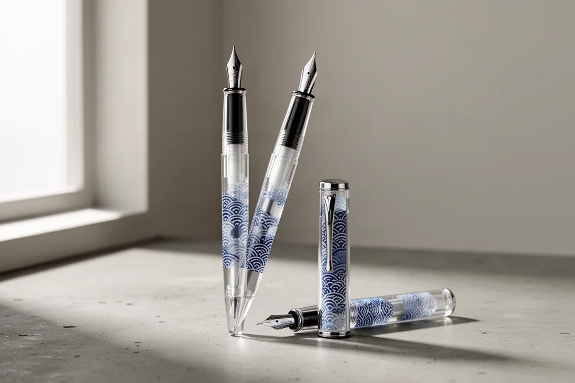 Platinum Preppy Wagara Füllfederhalter mit japanischem Musterdruck auf einer Betonoberfläche