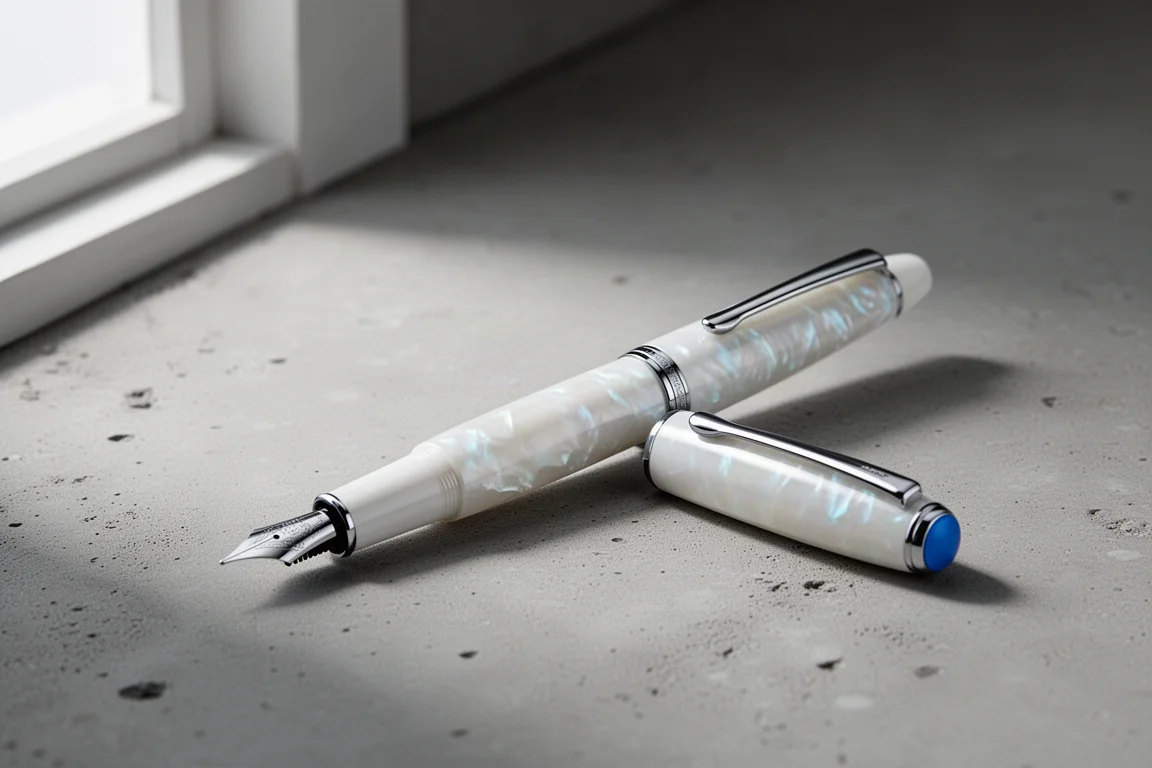 White pearl lacquered fountain pen with chrome trim on a concrete surface