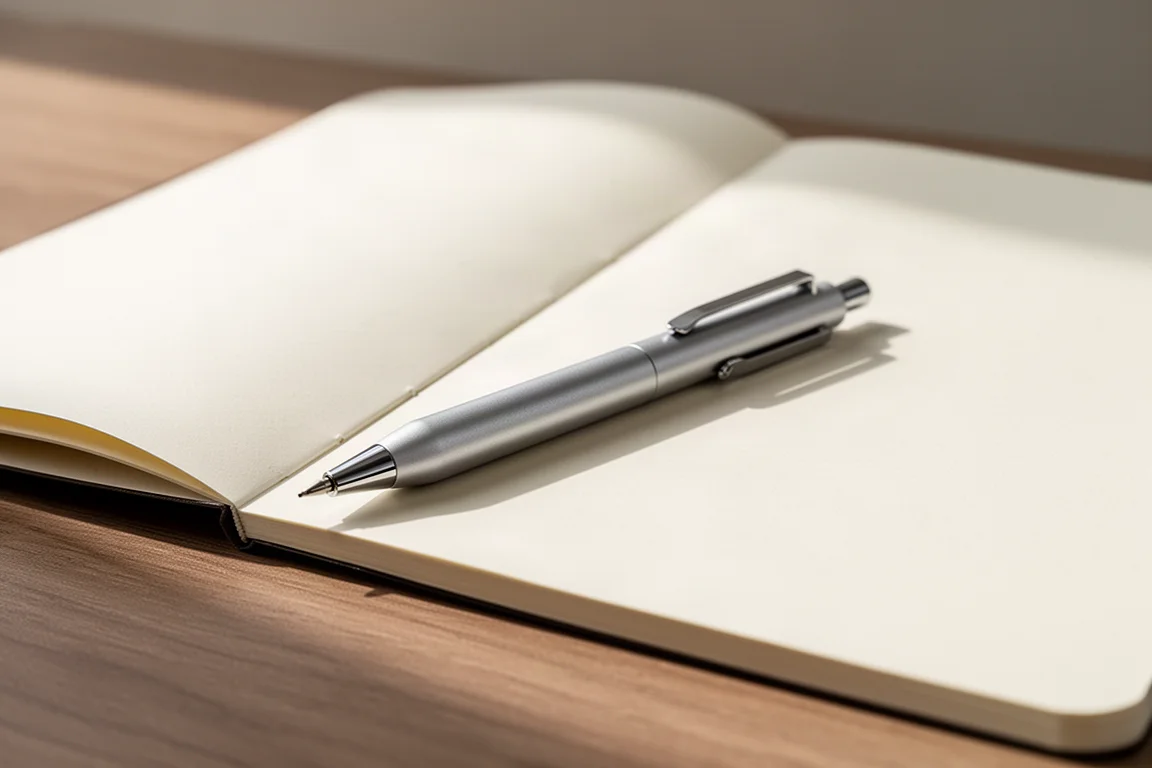 Compact rounded drafting pencil resting on a wooden desk beside a notebook