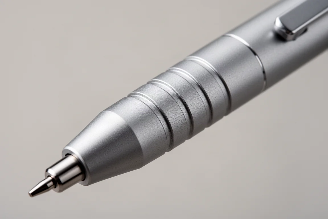 Close-up of the stepped grip section and lead guide pipe of a drafting pencil