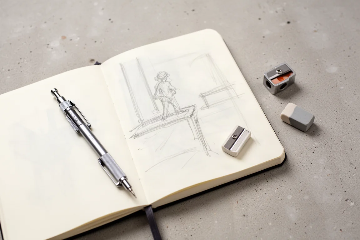 Hand sketching line work in a sketchbook at a tidy workspace
