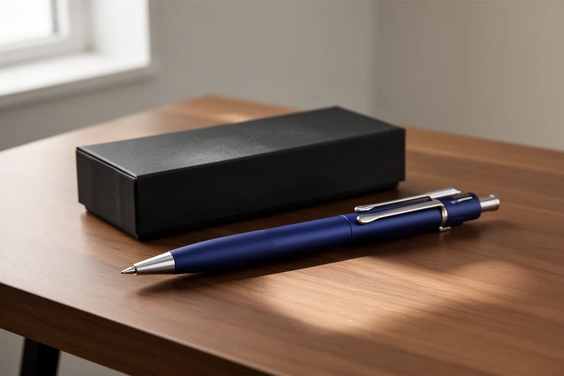 Navy blue drafting pencil resting on a dark presentation box on a wooden desk