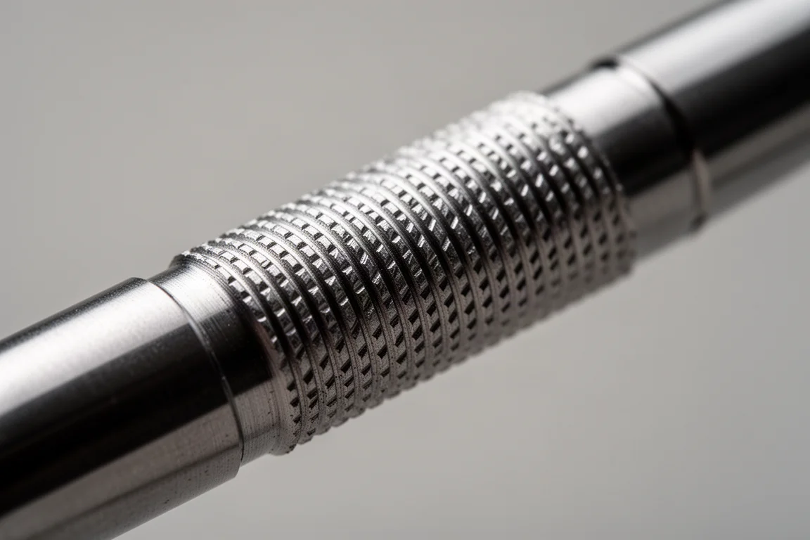 Close-up of a finely knurled metal grip section on a mechanical pencil