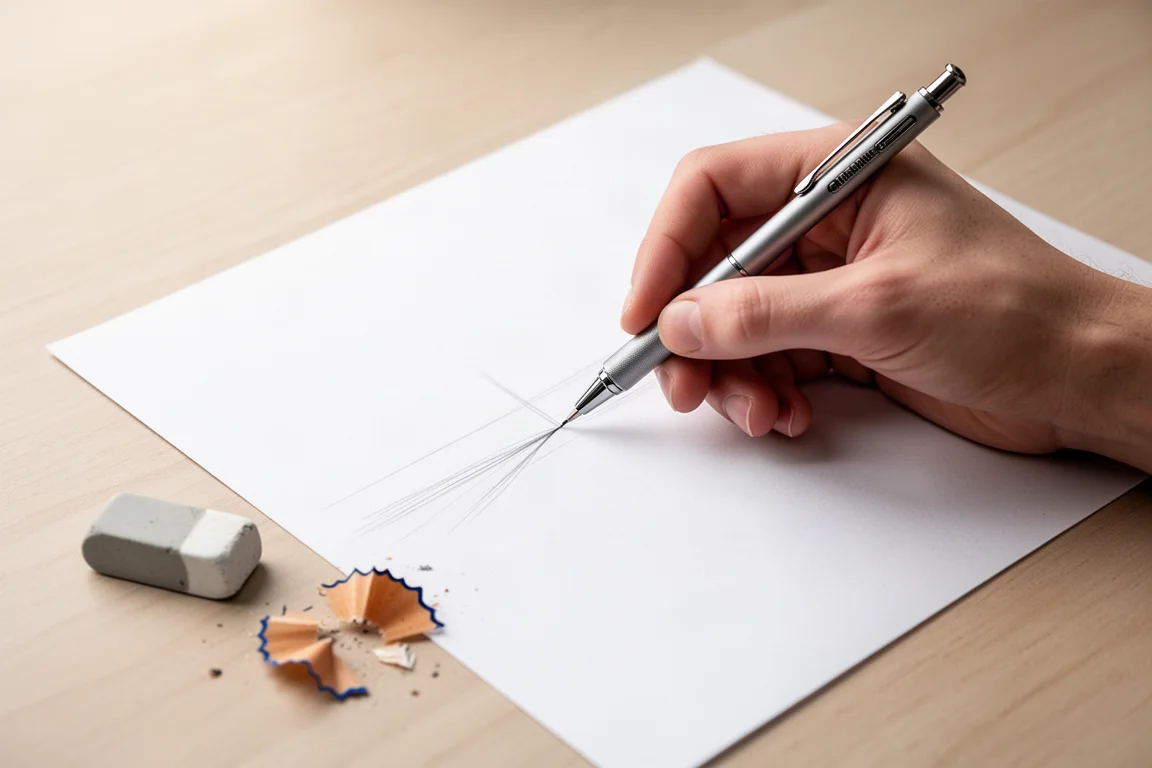 Hand sketching fine lines on paper with a mechanical pencil