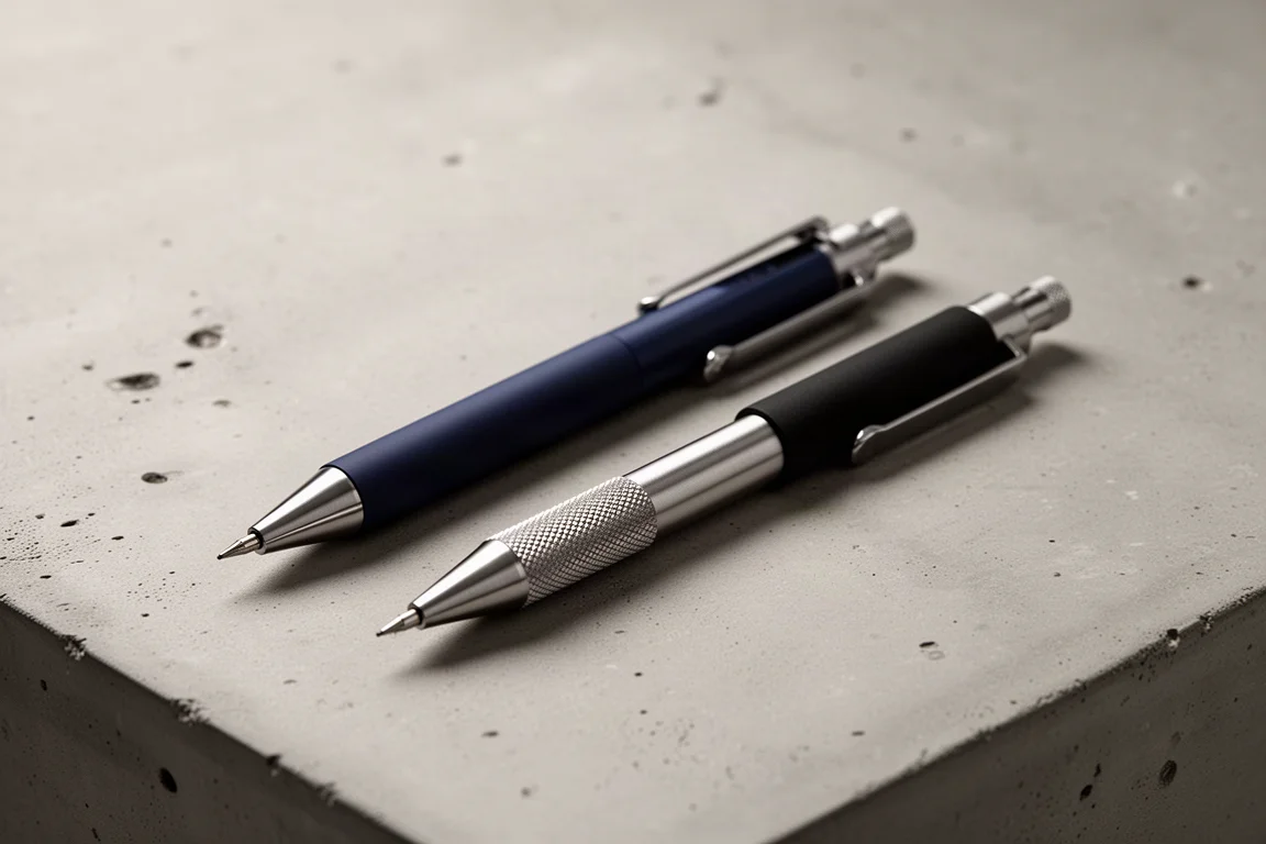 Two drafting pencils side by side on a concrete desk surface