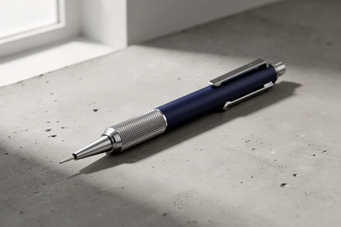Navy blue drafting mechanical pencil with knurled metal grip on concrete surface