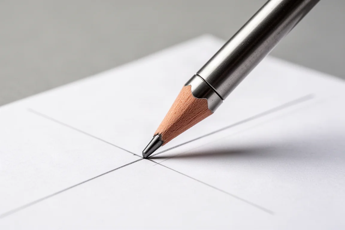 Close-up of a fine drafting pencil tip with extended guide pipe on white paper