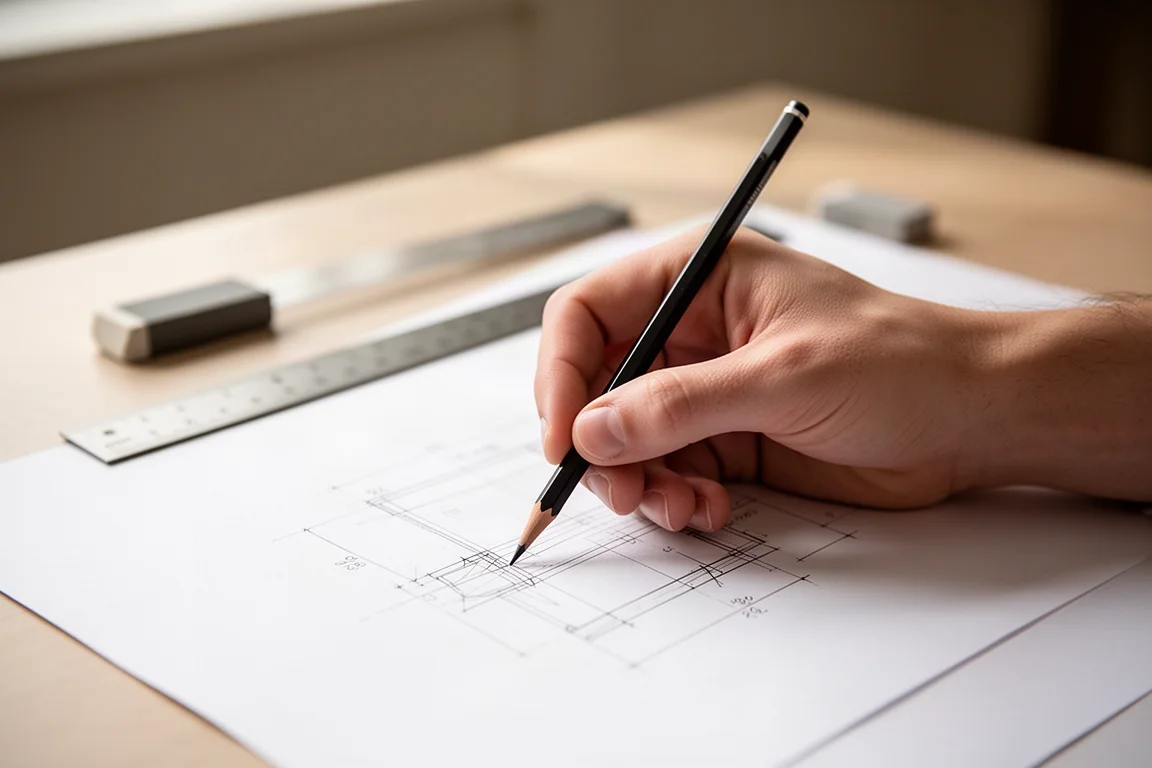 Hand writing precise technical lines with a drafting pencil on paper