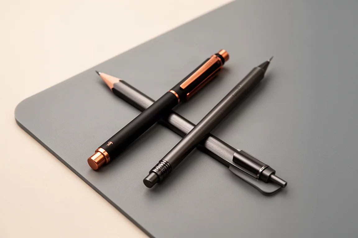Two drafting pencils side by side on a desk during a direct comparison