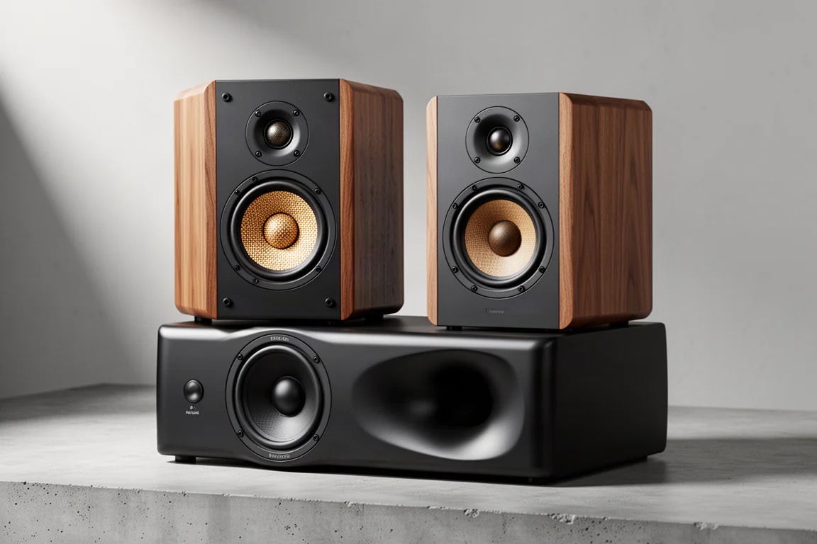 Two-part passive speaker system with a stand-mount cabinet resting on a low base module