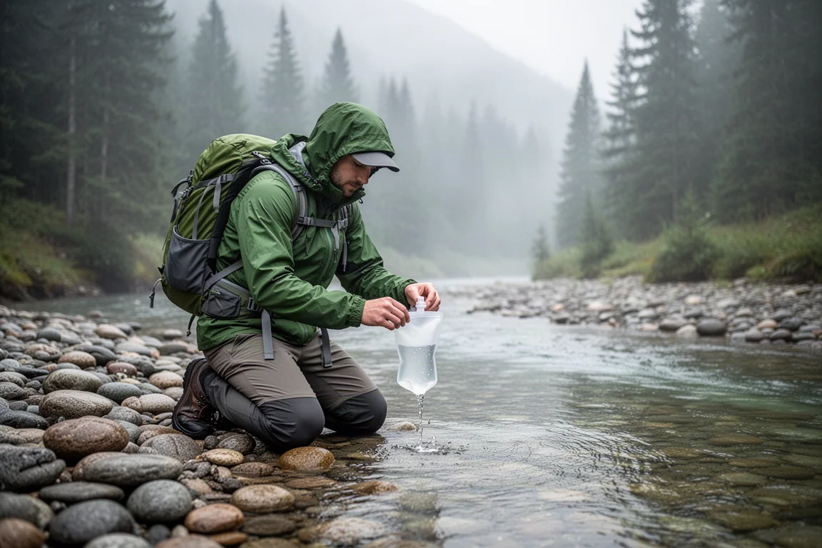 Hiker filling a collapsible water pouch from a clear mountain stream