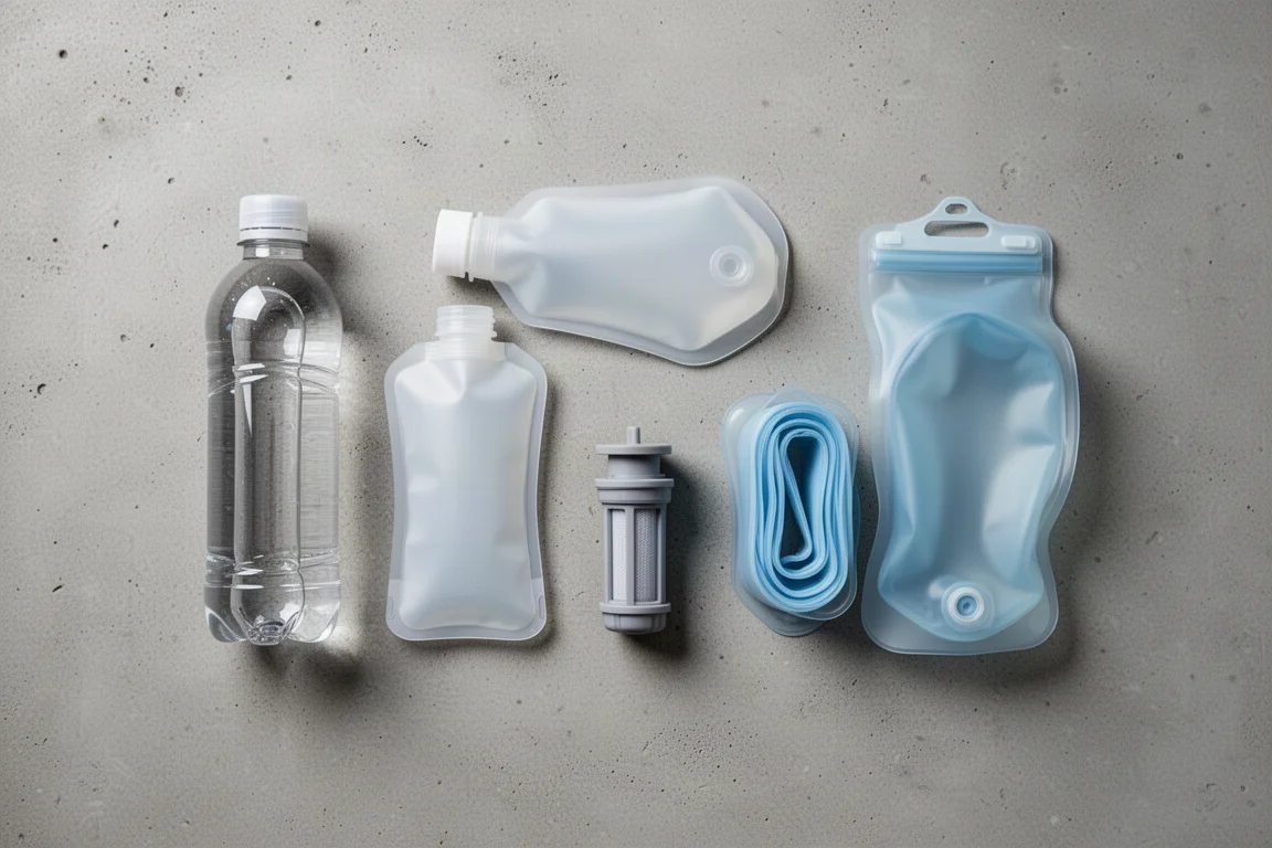 Close-up of filtered water flowing into a clear plastic bottle on a rock