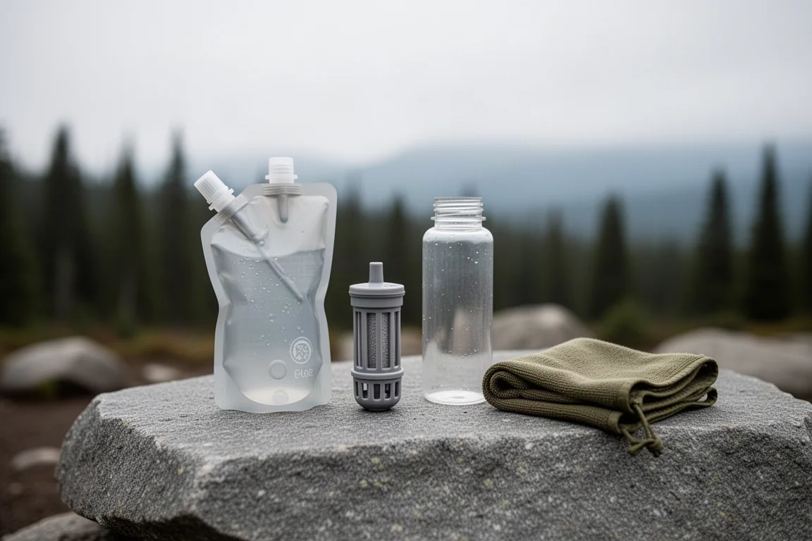Backpack and water bottles on a trailside rock at golden hour