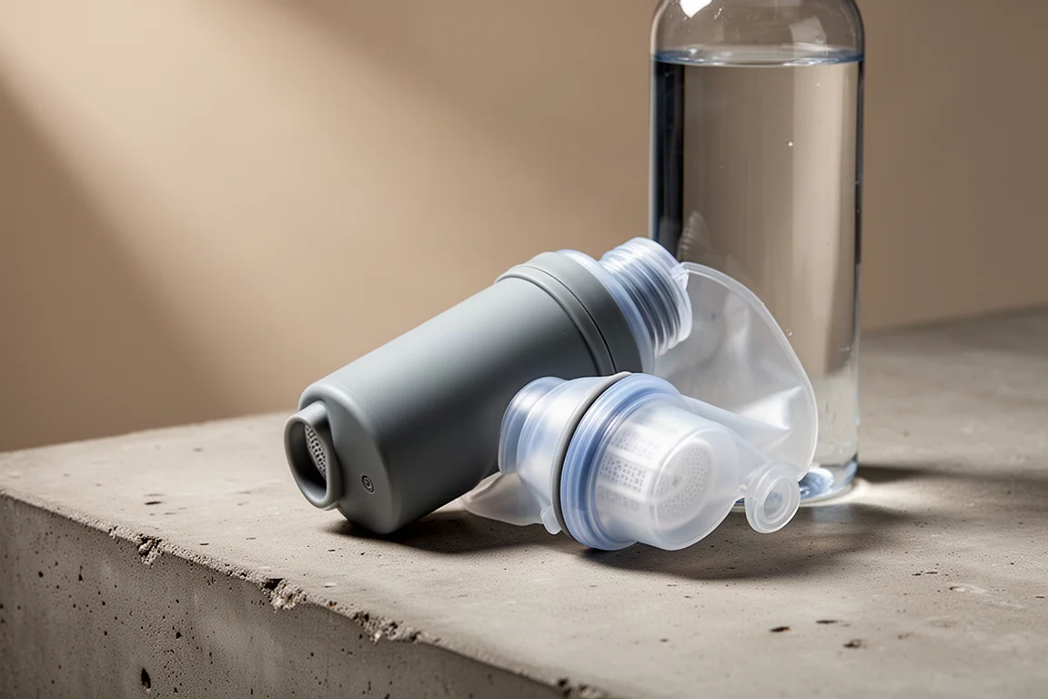 Platypus QuickDraw squeeze water filter standing beside a collapsible water pouch on concrete