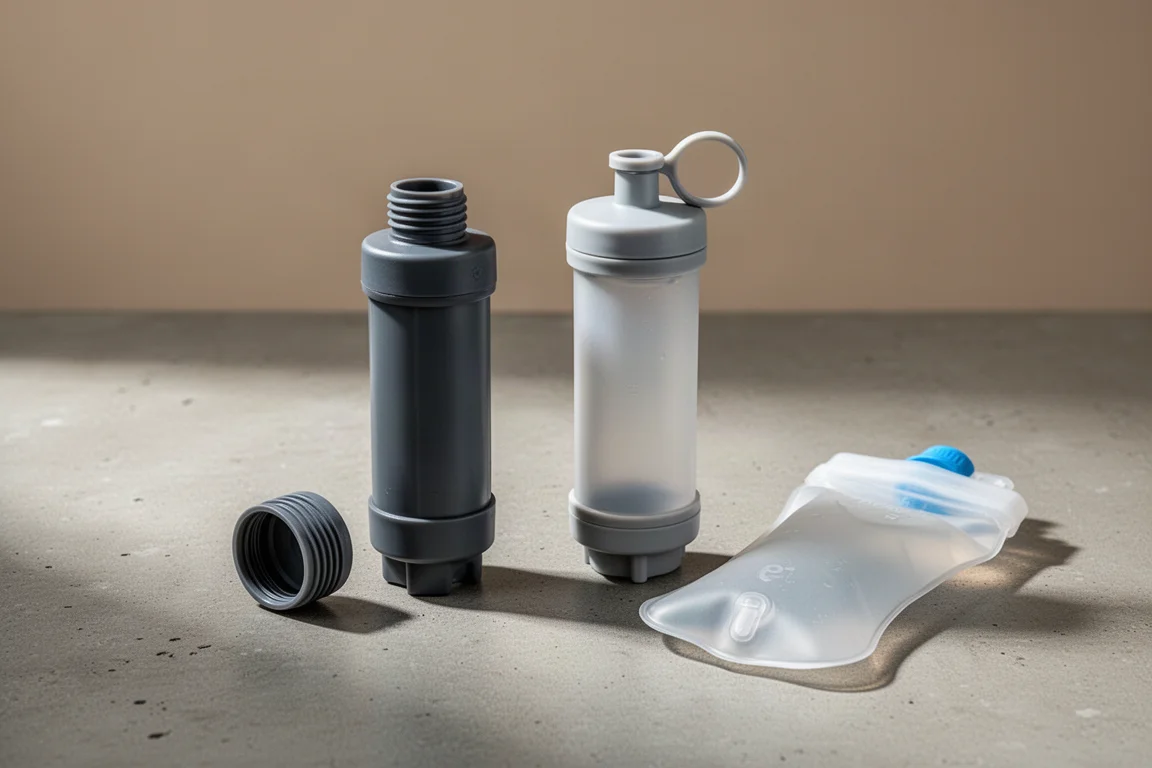 Two compact squeeze-style backpacking water filters on a matte concrete surface