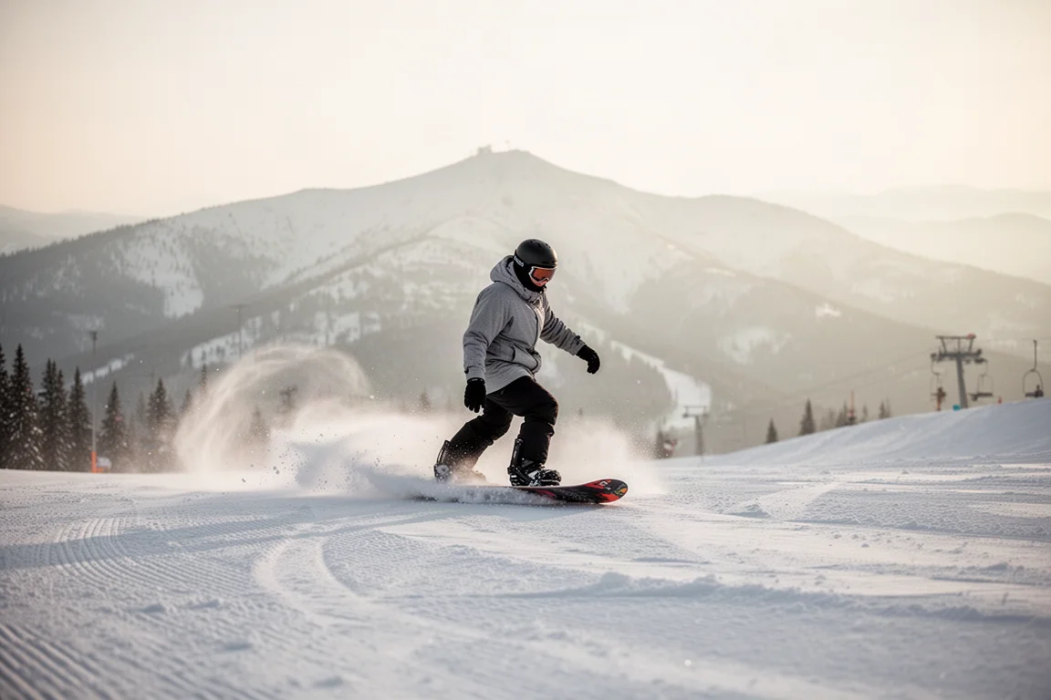 Snowboardzysta robiący buttery na przygotowanym stoku stacji w miękkim porannym świetle