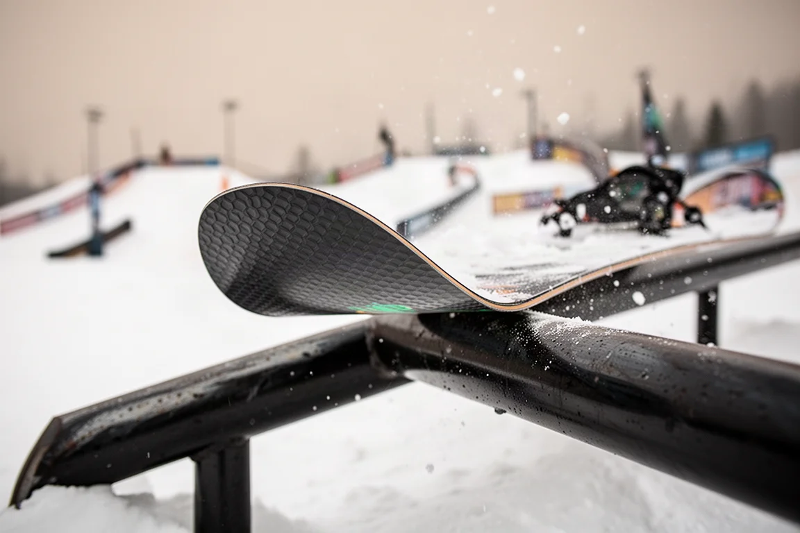 Zbliżenie na nos snowboardu dociskany do metalowej szyny