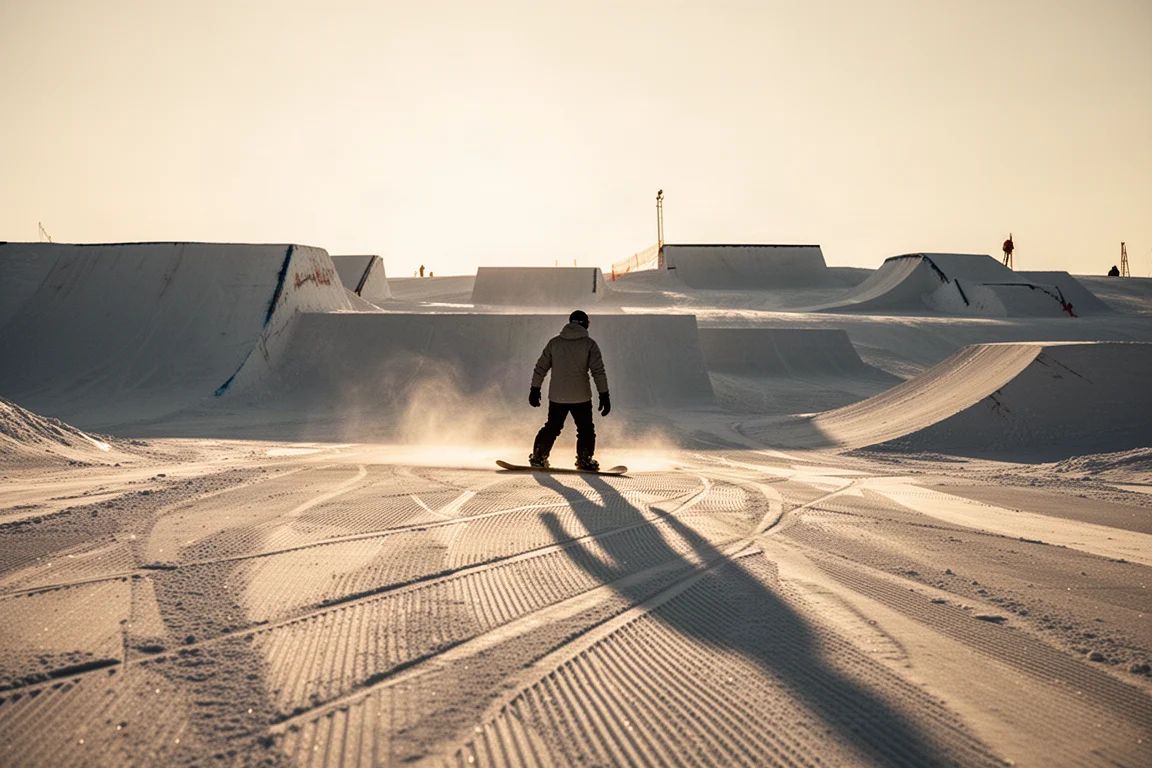 Snowboardzysta sunący w kierunku linii skoczni w snowparku