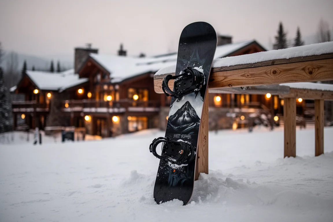 Snowboard oparty o szynę stacji narciarskiej o zmierzchu