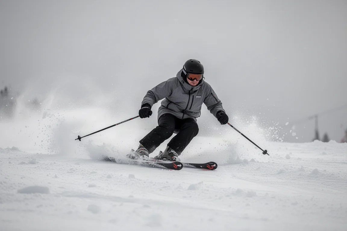 Esquiador bajando a toda velocidad por una pista llena de montones con nieve salpicando