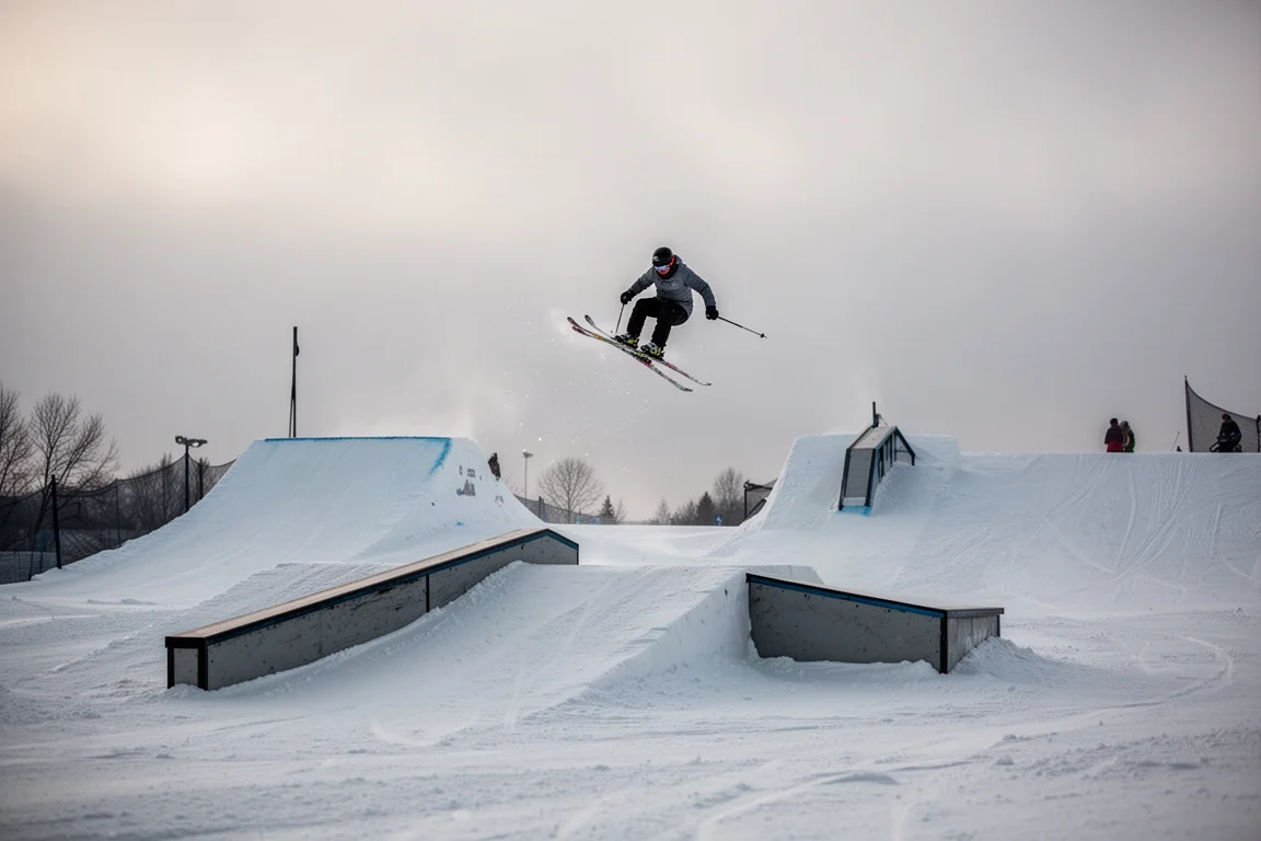 Esquiador aterrizando un salto en el terrain park con un halfpipe de fondo