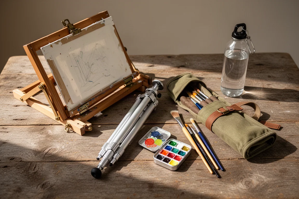 Plein air painter's gear laid out flat on a wooden surface, including easel, tripod, and watercolor kit