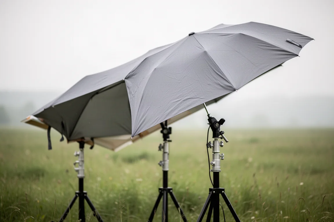 Elongated gray-lined umbrella clamped to a tripod beside an outdoor painting setup