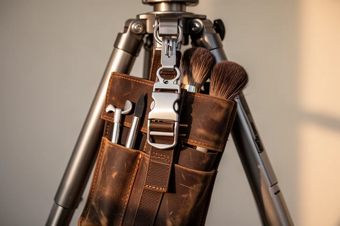 Fabric tool roll hanging from a tripod leg, held by a strong aluminum clip buckle