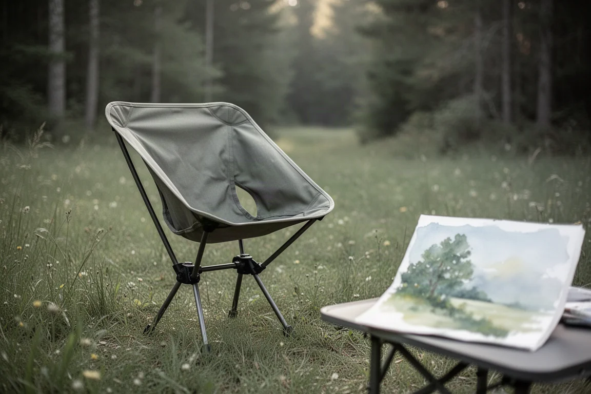 Lightweight three-legged camp chair set up on a grassy meadow