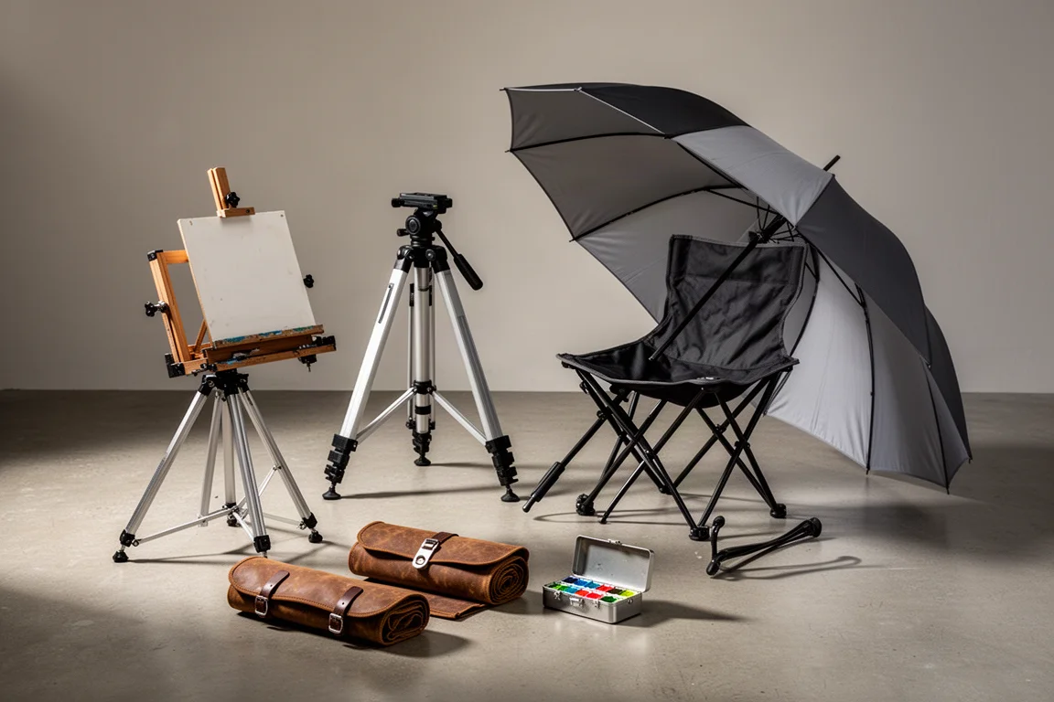 Plein air painting gear arranged on concrete, including easel, tripod, umbrella, and watercolor kit