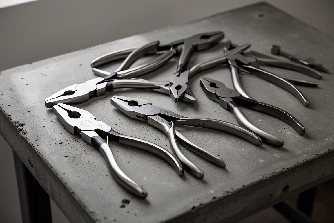 Row of pliers laid out on a workbench in a tool shop