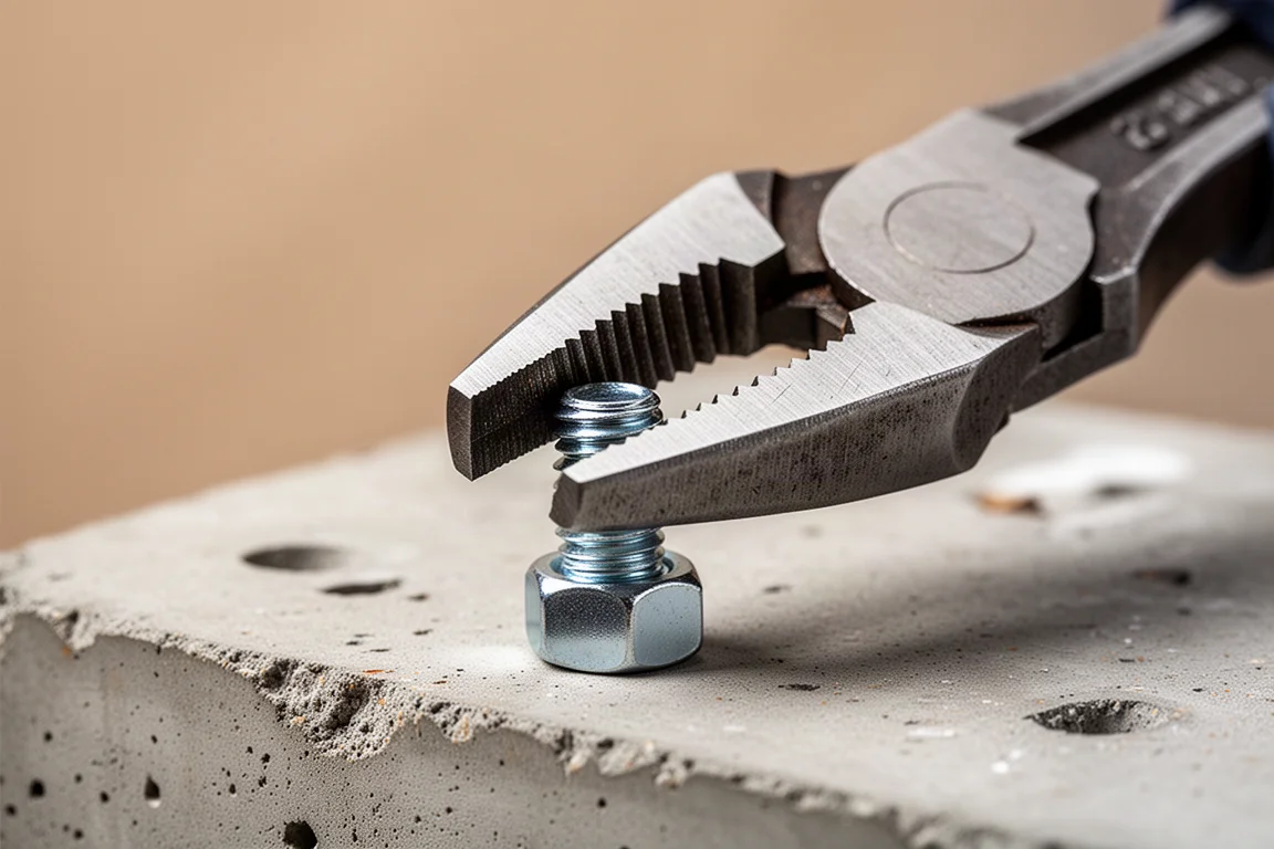 Close-up of plier jaws gripping a steel bolt on a workbench
