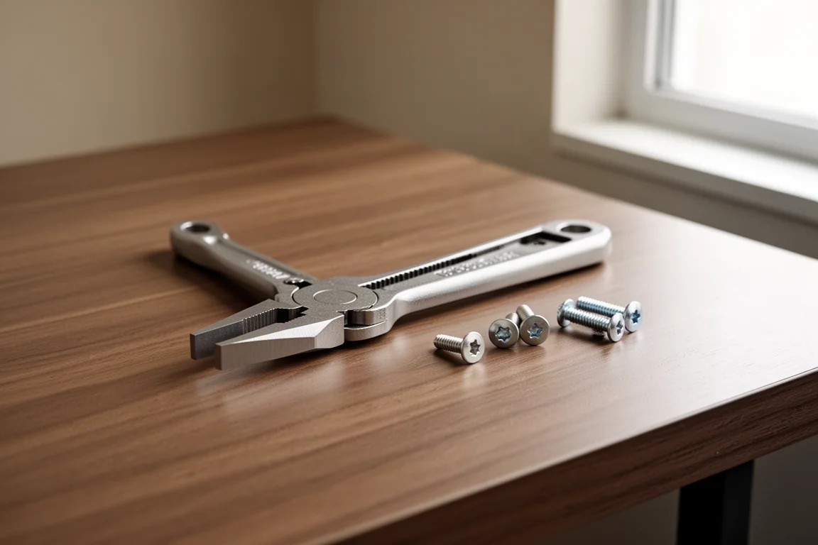 Compact plier wrench with parallel jaws resting on a wooden desk