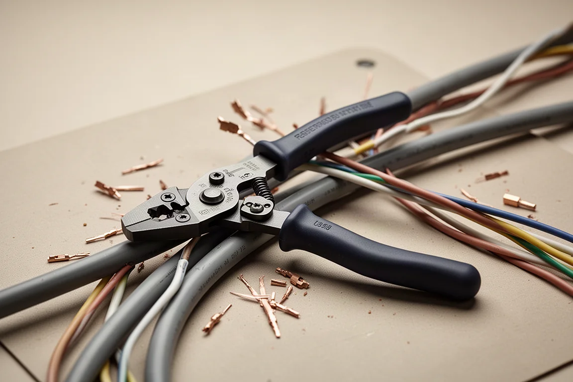 Lineman-style combination plier with insulated handles held over a wiring task