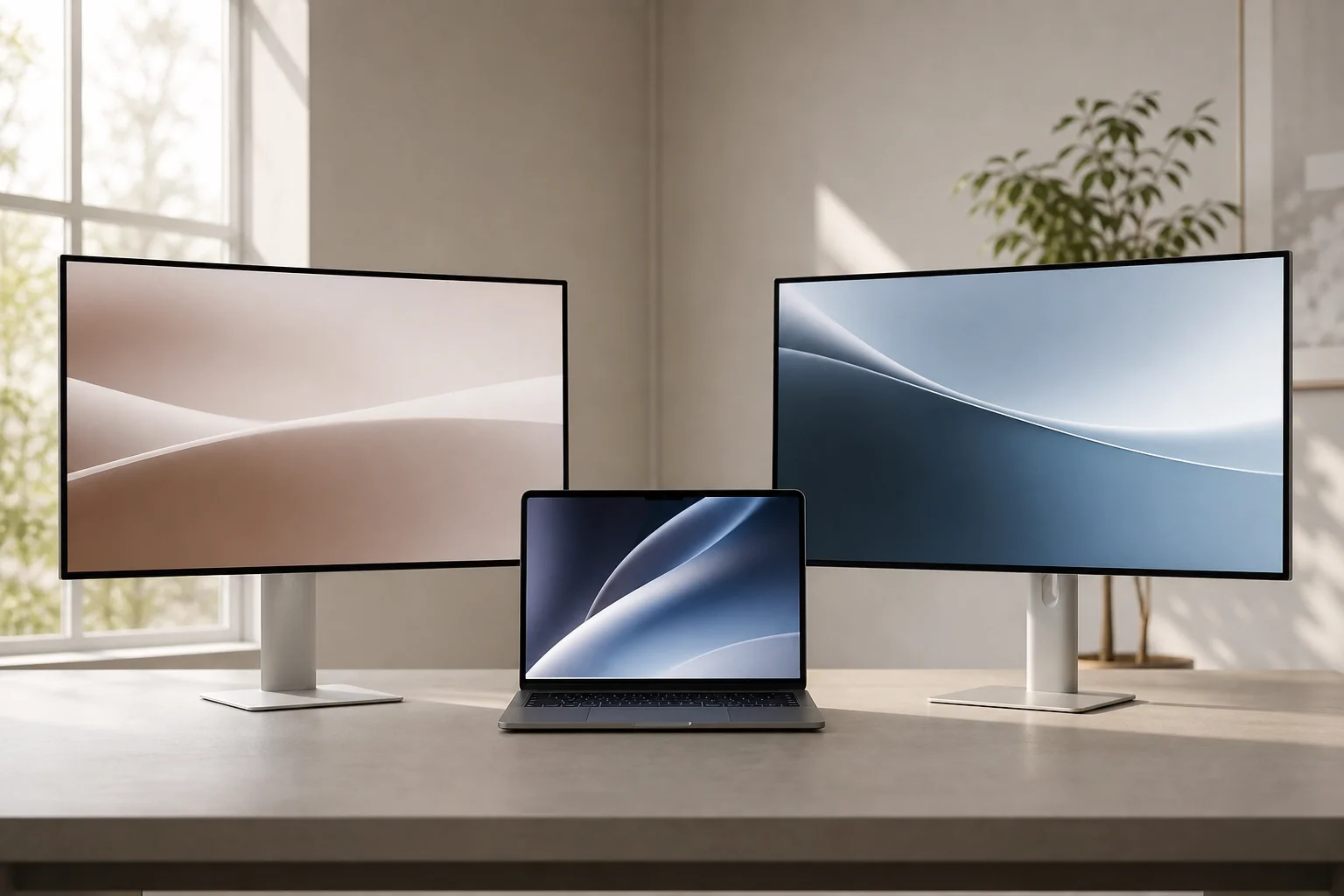 M4 MacBook Air på skrivbord med två externa 4K-skärmar