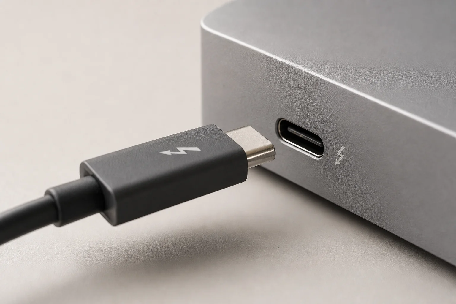Närbild på Thunderbolt 4-port och kabelanslutning