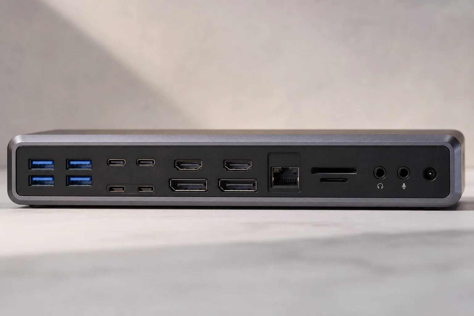 Baksidan av dockningsstationen som visar USB-portar och anslutningsalternativ