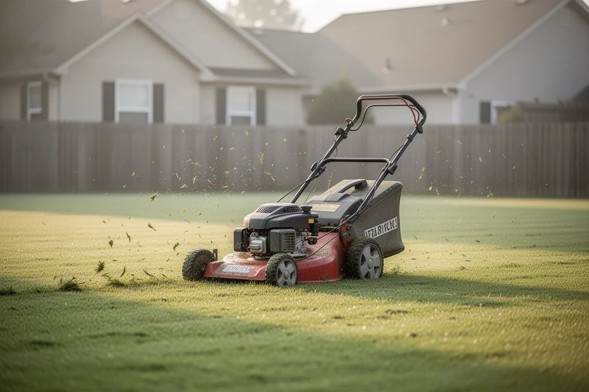 Benzinegrasmaaier maait gras in een grote tuin bij zacht daglicht