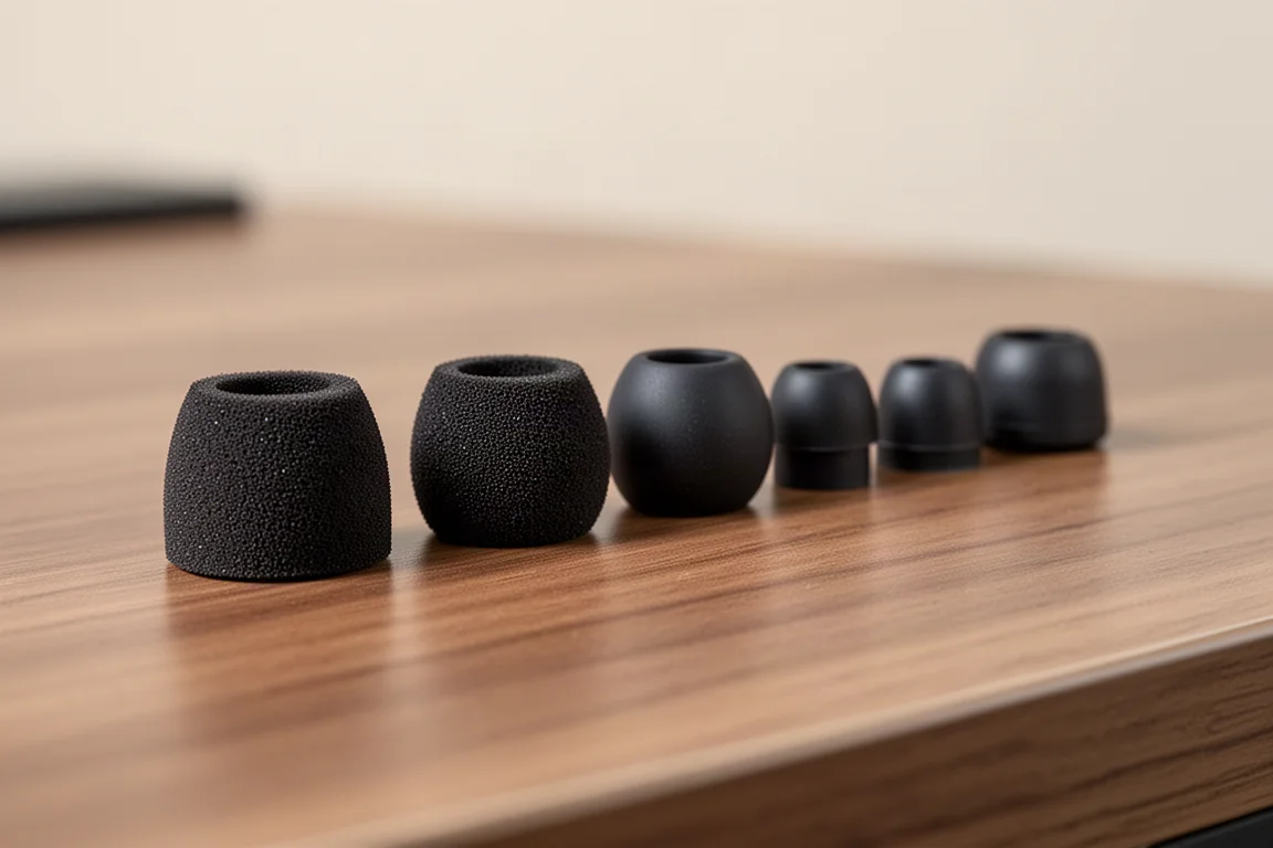 Close-up van schuim- en rubberen tuitjes in verschillende maten op een houten bureau