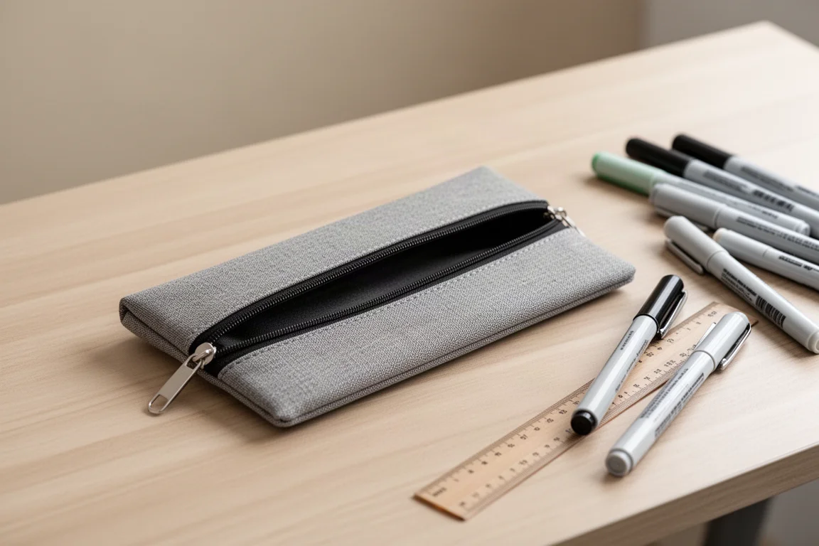 Plat rechthoekig etui liggend opengaan op een bureau met schrijfwaren erbij